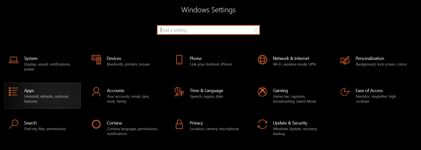 Windows 10 Settings then Apps