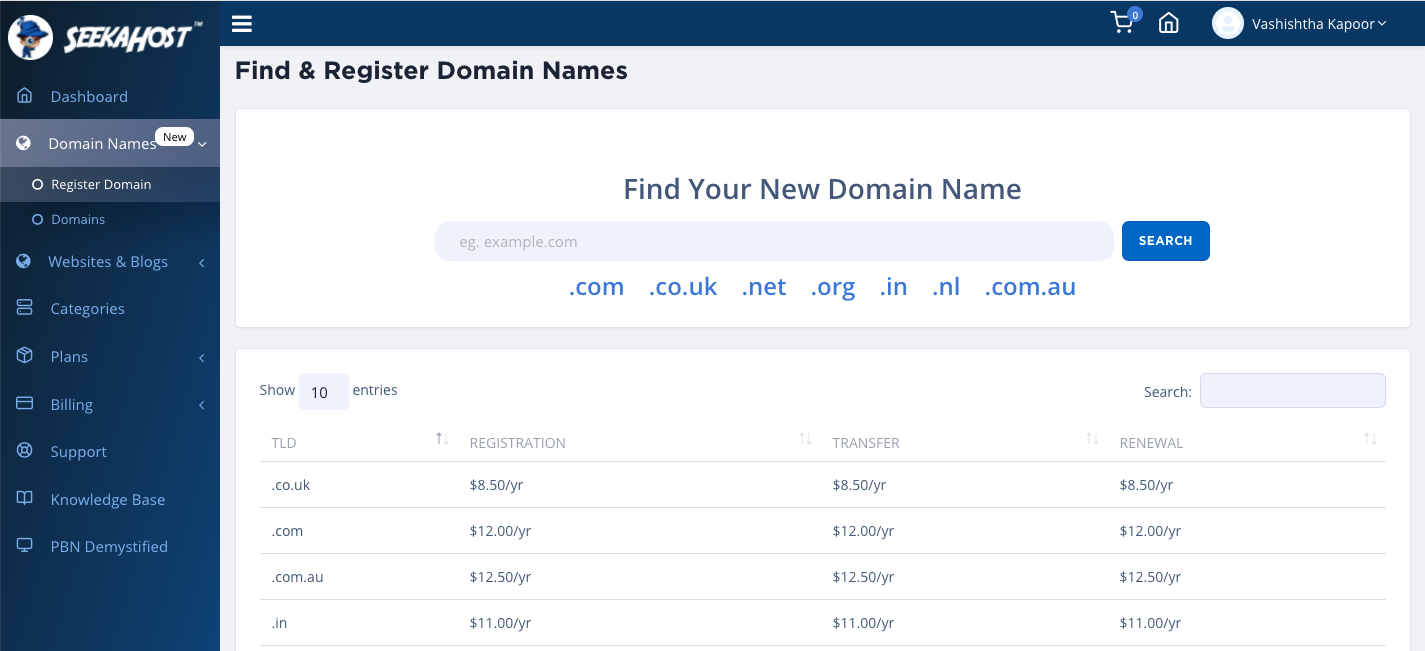 SeekaHost Review - domain's availability