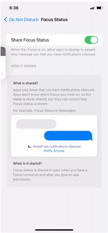 Share Focus Status toggle