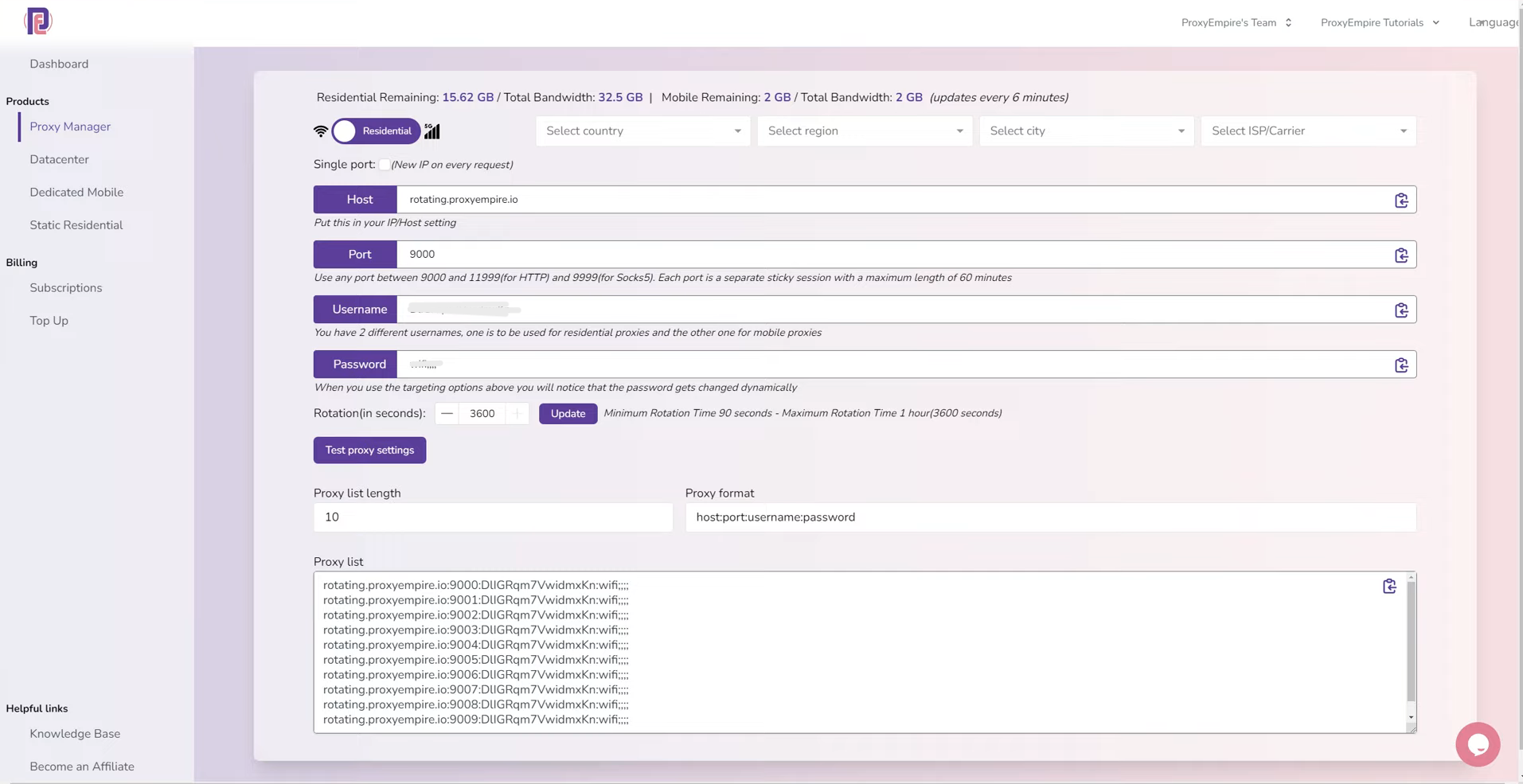 ProxyEmpire Dashboard