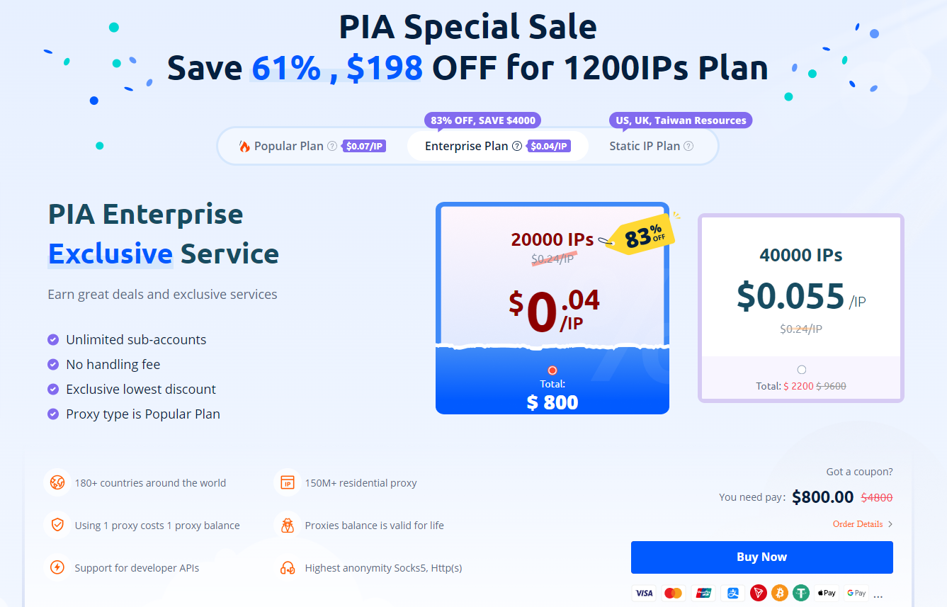 Pia S5 Proxy Enterprise Plan