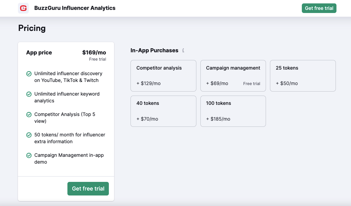 BuzzGuru Influencer Analytics Pricing